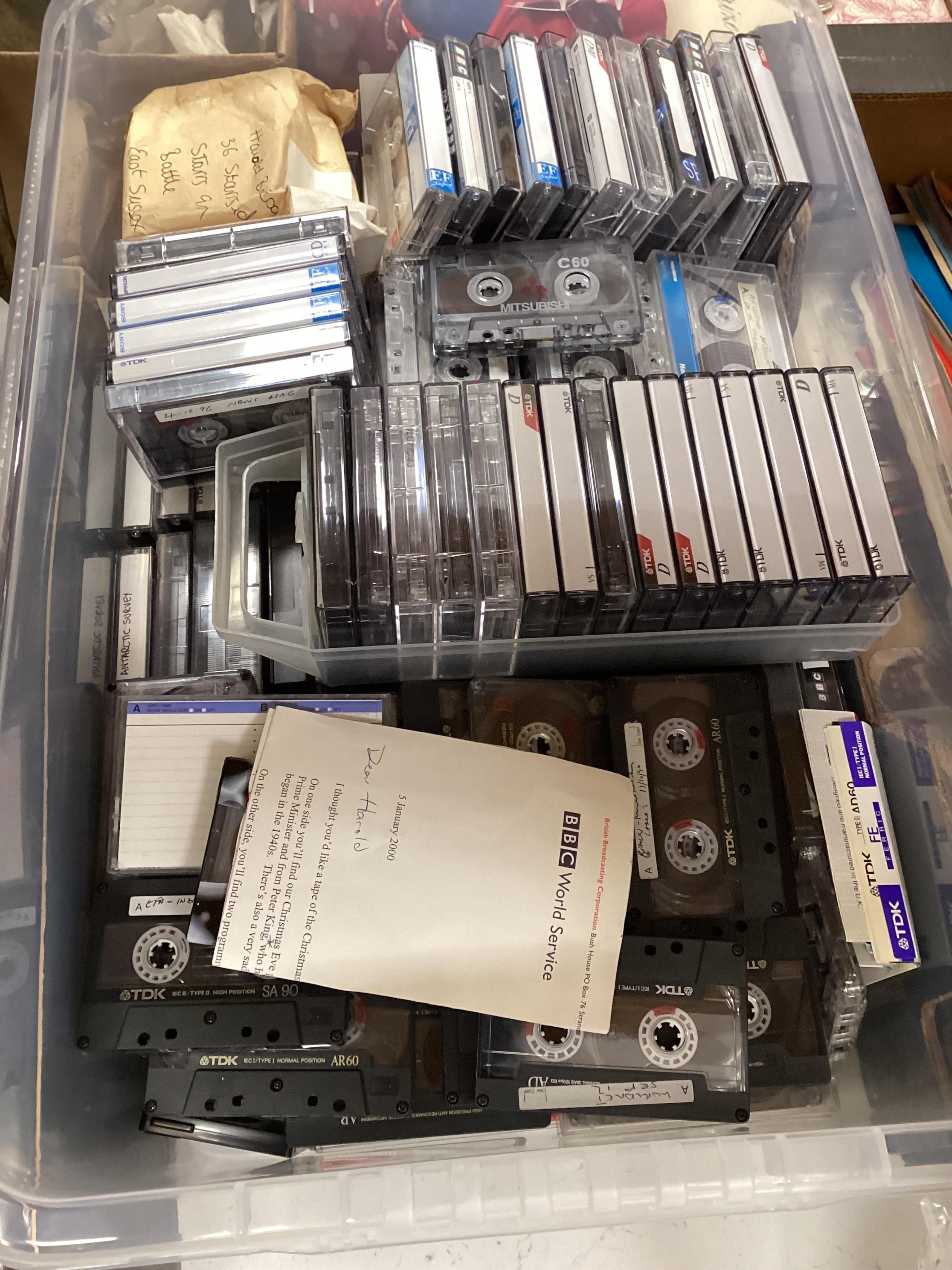 An archive of BBC cassettes and recording equipment related to the BBC war correspondent Harold Briley, including three original Sony Walkman Professionals, one with a BBC World Service label, all in leather cases, a box